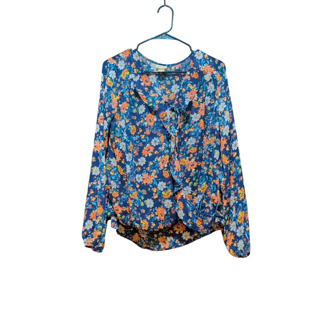 Mossimo Women's LG Blouse Multi Floral Print V-Neck Ruffle Fold Over Front LS